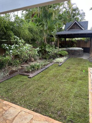 Custom concrete, landscape border, stamped and colored. Plant and grass design and installation