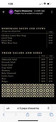 New Mediterranean restaurant, just opened a week ago. Current menu and prices.