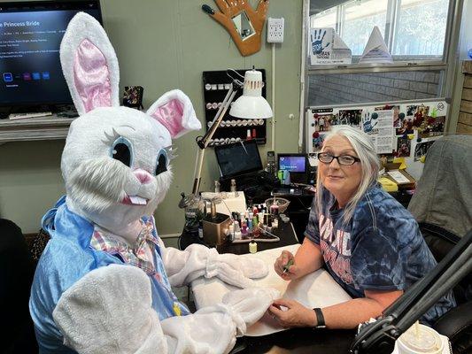 Sherry sure did help the Easter bunny get his paws and claws ready for Easter!!!