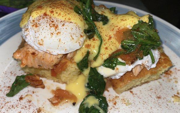 Salmon eggs Benny over corn bread