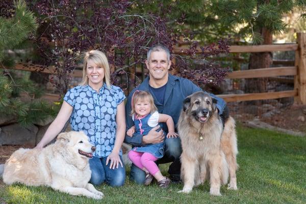 The family (from left: Deni the Golden mix, Lori, Rob, Sophie & Guinness the Shepherd mix)