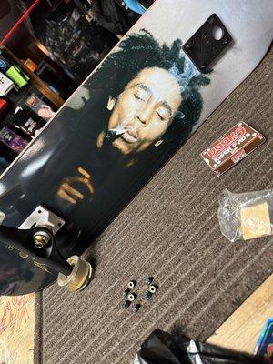 Bob Marley primitive skateboard deck being built.