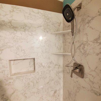 Master bath surround. Quartz walls. So pretty!