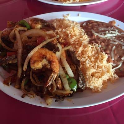 Fajita mix plate... Shrimp, chicken and carne asada. Look at that shrimp!