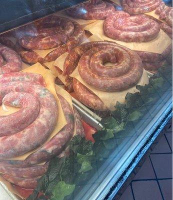 Fresh made, hot, sweet, and Italian sausages ready to grill!