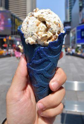 Everything bagel and pretzel ice cream in a salted blue corn cone--outstanding