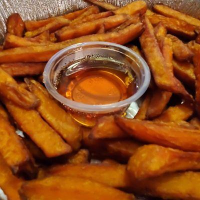 Sweet potato fries with honey sauce  yum!