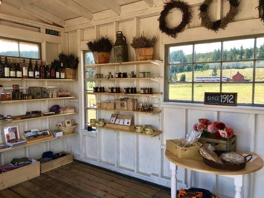 Organic lavender products hand made on the farm fill the shelves.