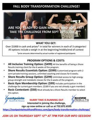 Join us for the Body Transformation Challenge!

https://eastpointehealthandfitness.com/gym/body-transformation-challenge/