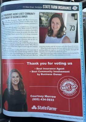 Thank you for voting Courtney Morrow State Farm Agency best of North County for Best Insurance Agent, and Best Community Involvement!