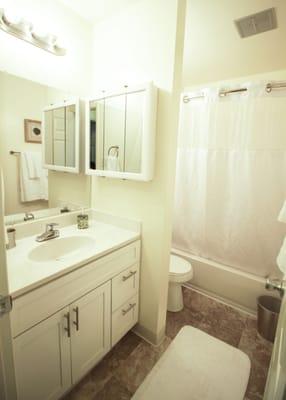 2 bedroom/1 bath Spacious Bathroom with modern vanity and curved shower rod