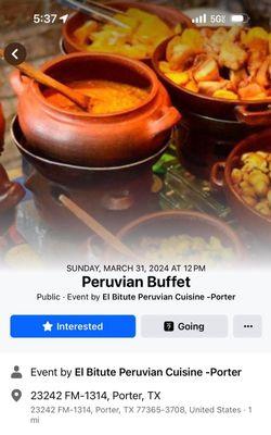 Come try some Peruvian Buffet on Sunday, March 31st