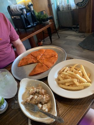 tomato basil chicken quesadilla, garlic parmesan boneless wings, crinkle fries, and a Faux-jito (mojito without the mint)