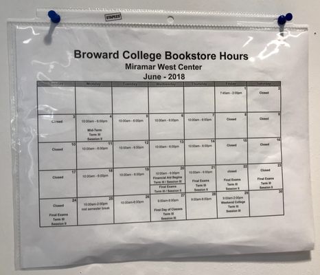 Bookstore hours - June 2018