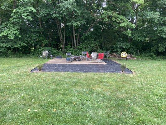 Morgantown Project - Fire Pit area, mid-project, edging installed, weed fabric and 2 little devil shrubs installed.