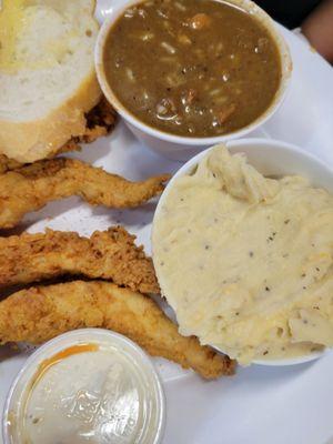 Catfish plate with gumbo and garlic mashed potatoes