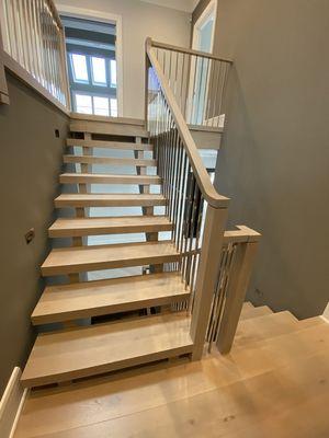 HL Stairs - Hinsdale Residence - White Oak Stairs with Polished Stainless Steel Balusters