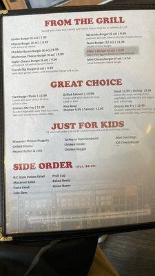 Back of the menu