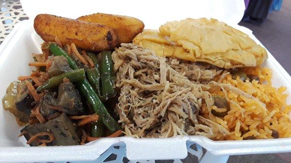 El Bori Pulled pork with rice & beans, veggie, sweet plantain, and fried breadfruit