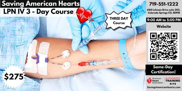 Check out our LPN IV class! 
 
 Website 
 https://savingamericanhearts.com/lpn-iv-certification/