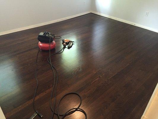 Dark is in! Home in Atlanta, 50 year old floors went from ugly natural to silky dark walnut.