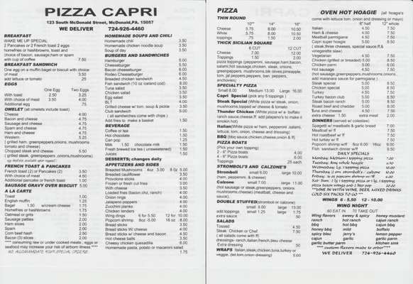 2018 Pizza Capri Menu