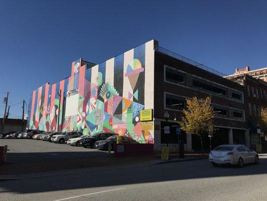 Open Walls Baltimore mural (2012; Maya Hayuk, artist) on Theatre Parking, 1714 N Charles Street, Baltimore, MD 21201