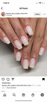 The picture I showed the women 4 times. The Shape & Milky white color I wanted on my nails.