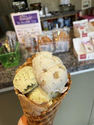 Itty bitty Pistachio and maple walnut in a waffle cone