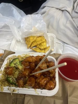 Orange chicken fried rice crab rangoons