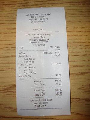 Final tab - very reasonable prices.