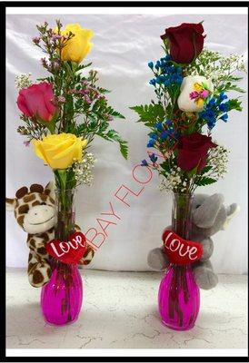 Glass "barbie" arrangement with choice of teddy bear with 3 roses. Please call for pricing details.