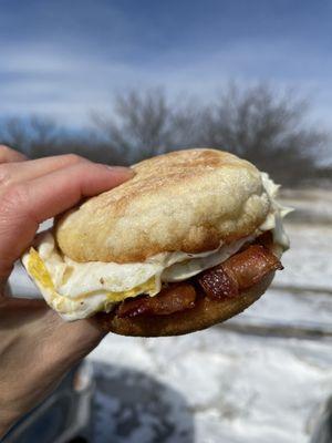 $4.50 Bacon egg American cheese on an English Muffin. Yum!