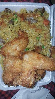 Chicken wings with beef fried rice.