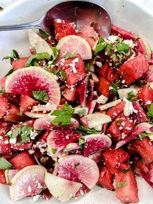 LB HAVE A RANGE OF FRESH HOME MADE DELI PRODUCE TO COMPLEMENT THEIR SEAFOOD - WATERMELON RADISH, WATERMELON, FETA. & MINT SALAD