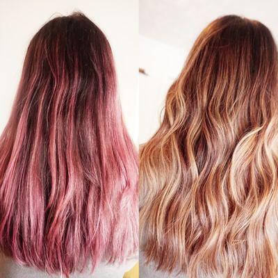 Before and after removing pink.