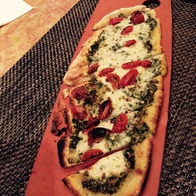 Basil Pesto and Tomato flatbread. Delicious, as usual.