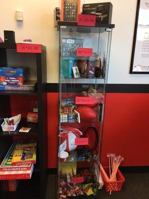 Here's the prize cabinet that each student saves their punch cards for. The reinforcements really work!