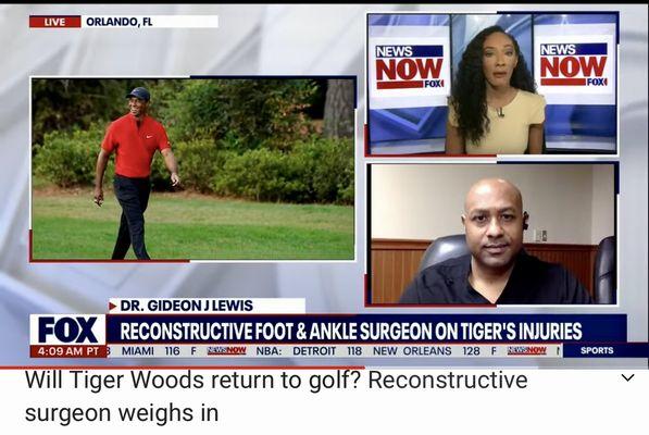 Dr. Gideon Lewis providing medical expert info about Tiger Woods' injuries.