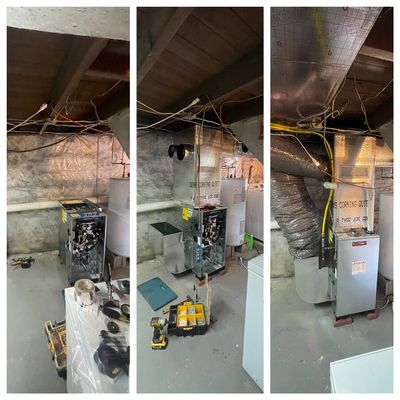 Old homes have their challenges, but there is always a way. Little process of installing new high efficiency gas furnace and ductwork.