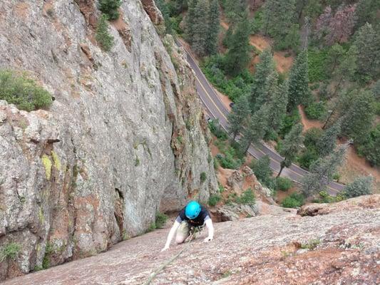 First Ascent climber on Crack Parallel 5.7 in North Cheyenne Cañon