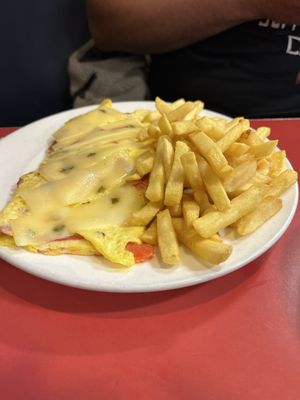 Make your own omelette. Ingredients: salami, roasted peppers, and pepper jack cheese.