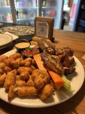 Hickory Smoked Jerk Chicken Wings and Wisconsin Cheese Curds! So good!