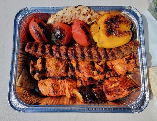 Beef, chicken thigh, and salmon kabobs