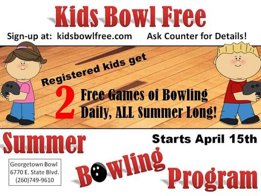 Parents can register kids 18 and under for free bowling all summer long! www.kidsbowlfree.com Family packages available too!