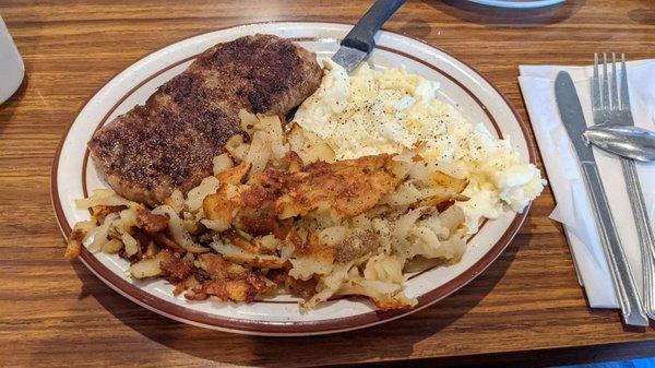 NY Steak and eggs (with egg whites), home fries.