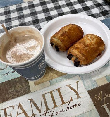 Chocolate croissants with coffee