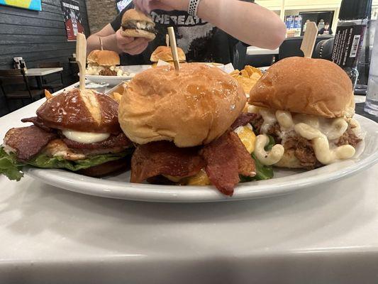 Pick 3 Sliders and 1 side. Left to right. sexy chick add bacon, hometown hero add bacon and porky pig.