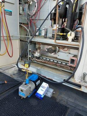 Pulling a deep vacuum after performing a leak search & repair on a large rooftop HVAC unit