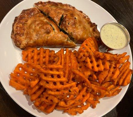 Roasted Veggie Cornish Pasty - Roasted cauliflower, broccoli, onion, mushrooms and spinach, served with a side of green goddess dressing